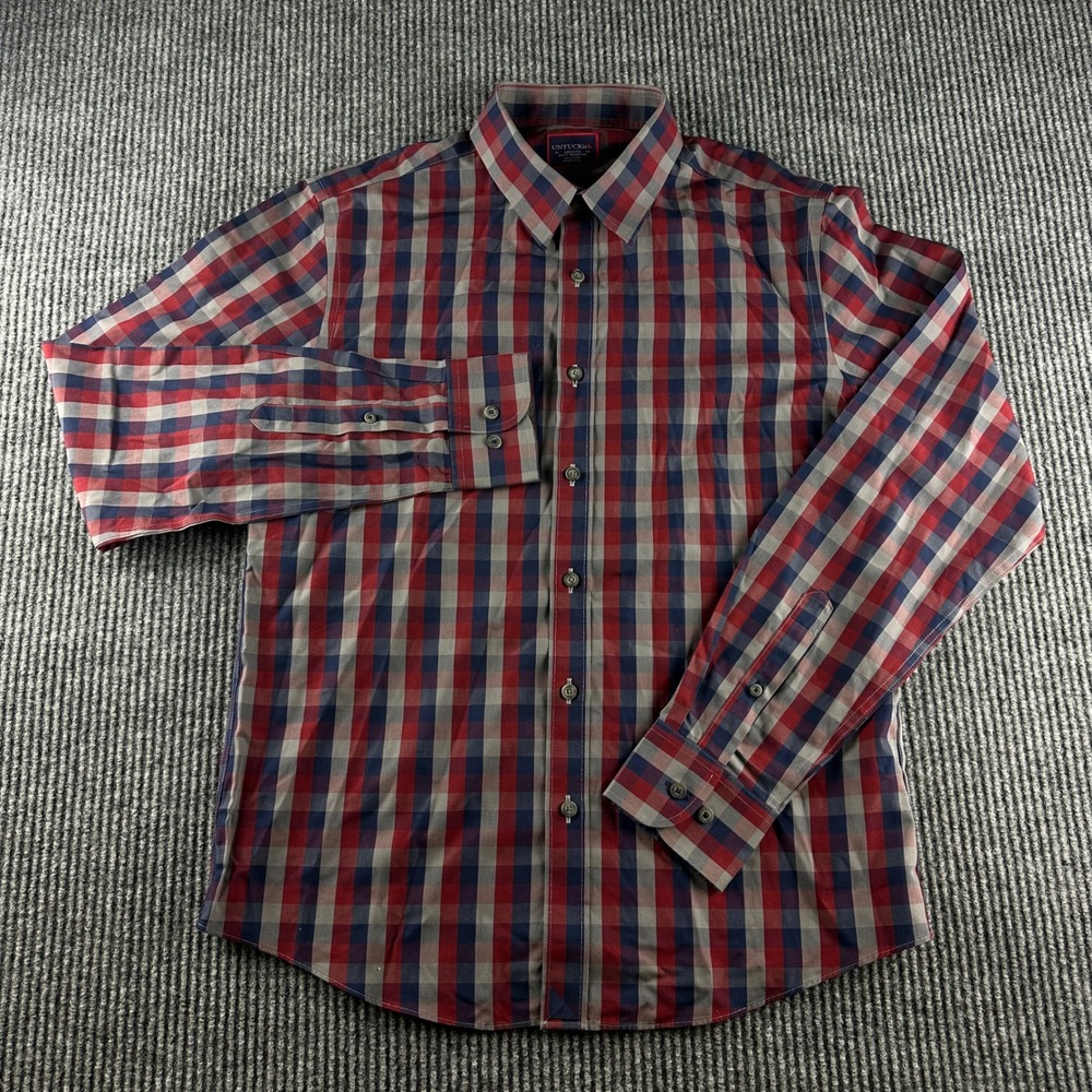UNTUCKit Pomerol WF Slim Fit Red Blue Plaid Button Down Shirt Mens Medium 35662